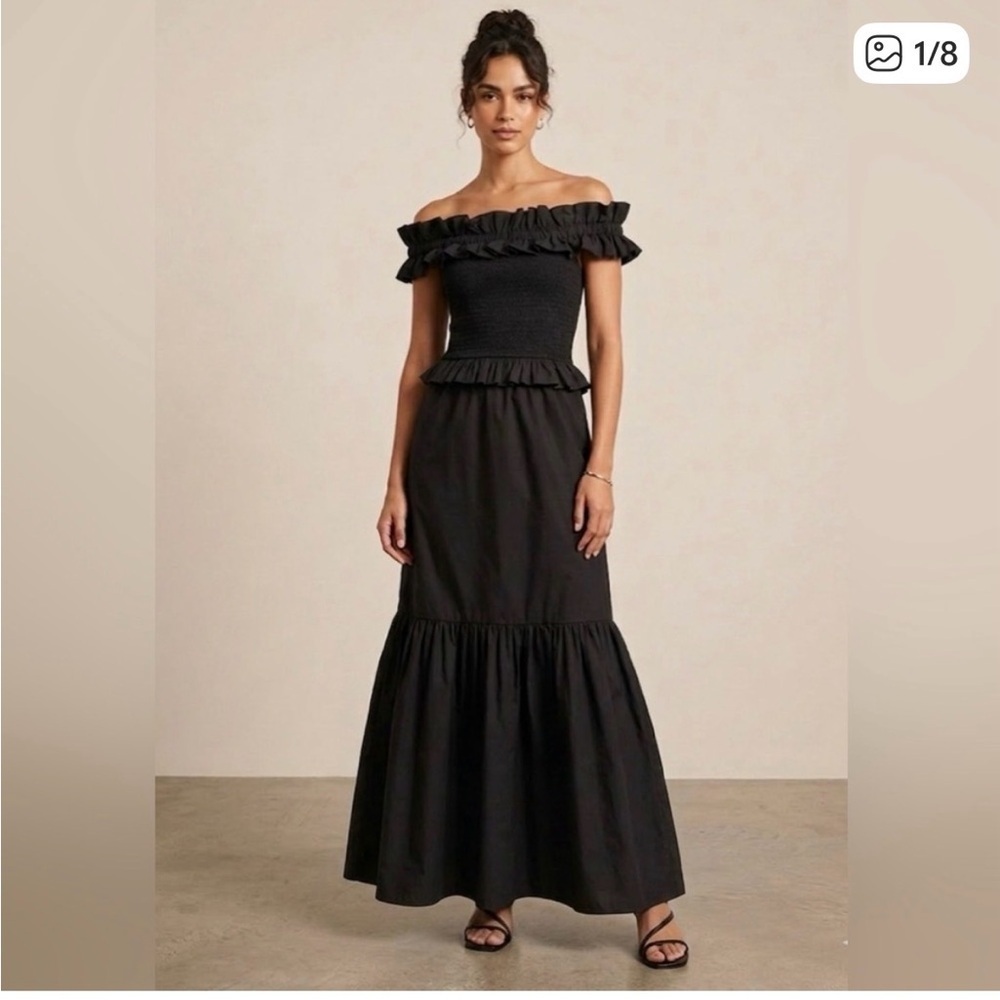 Caroline Constas Black Smocked Poplin Ruffle Tiered Off the Shoulder Dress M
